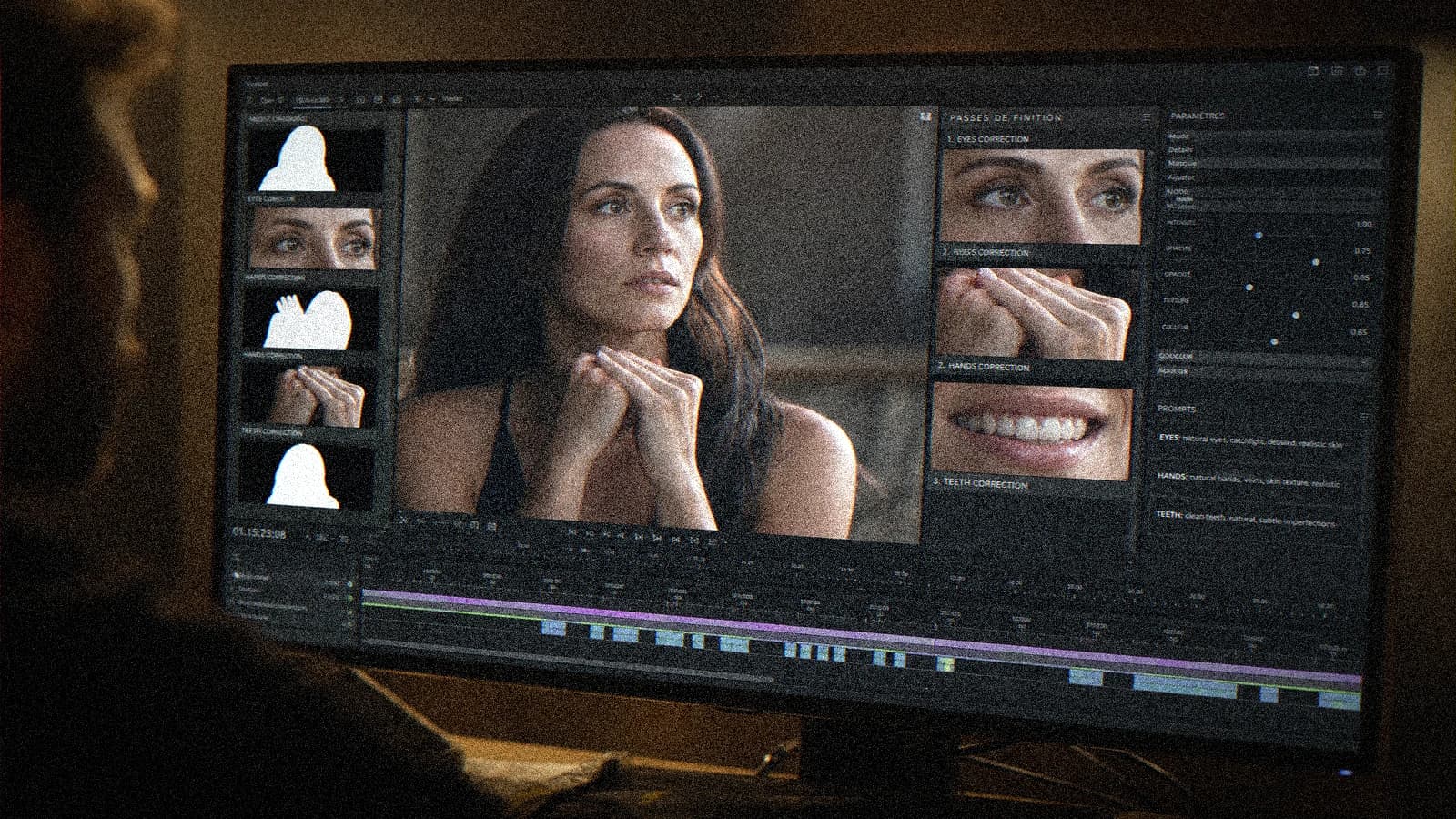 Workflow view 2 for local inpainting to cleanly fix eyes and hands with quality control, timeline and finishing passes
