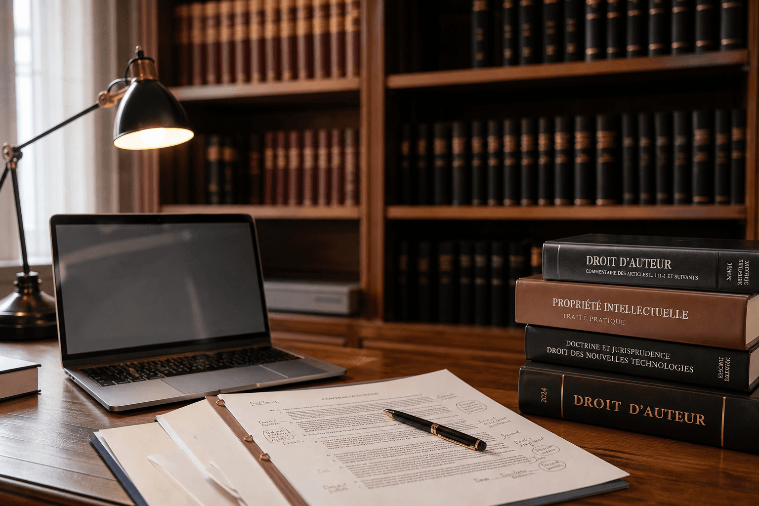 Copyright library volumes and laptop with contract annotations, soft light creative lawyer office