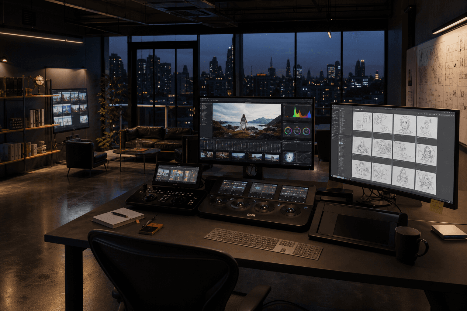 Studio open space at night, color-calibration screens and digital storyboard, creative laboratory atmosphere