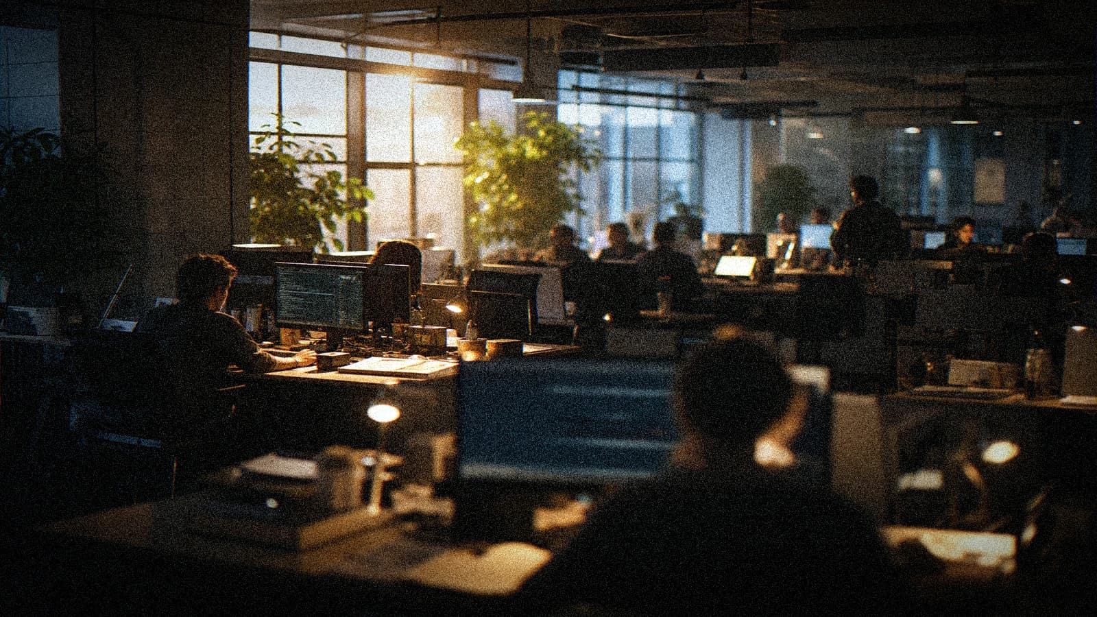 Illustration pour « Intérieur bureau : corriger la lumière cyan des bureaux IA »