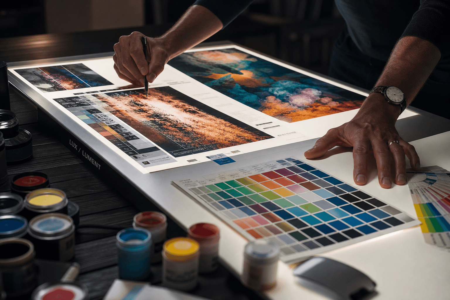 Light table with color prints and paint swatch, photorealistic AD hands