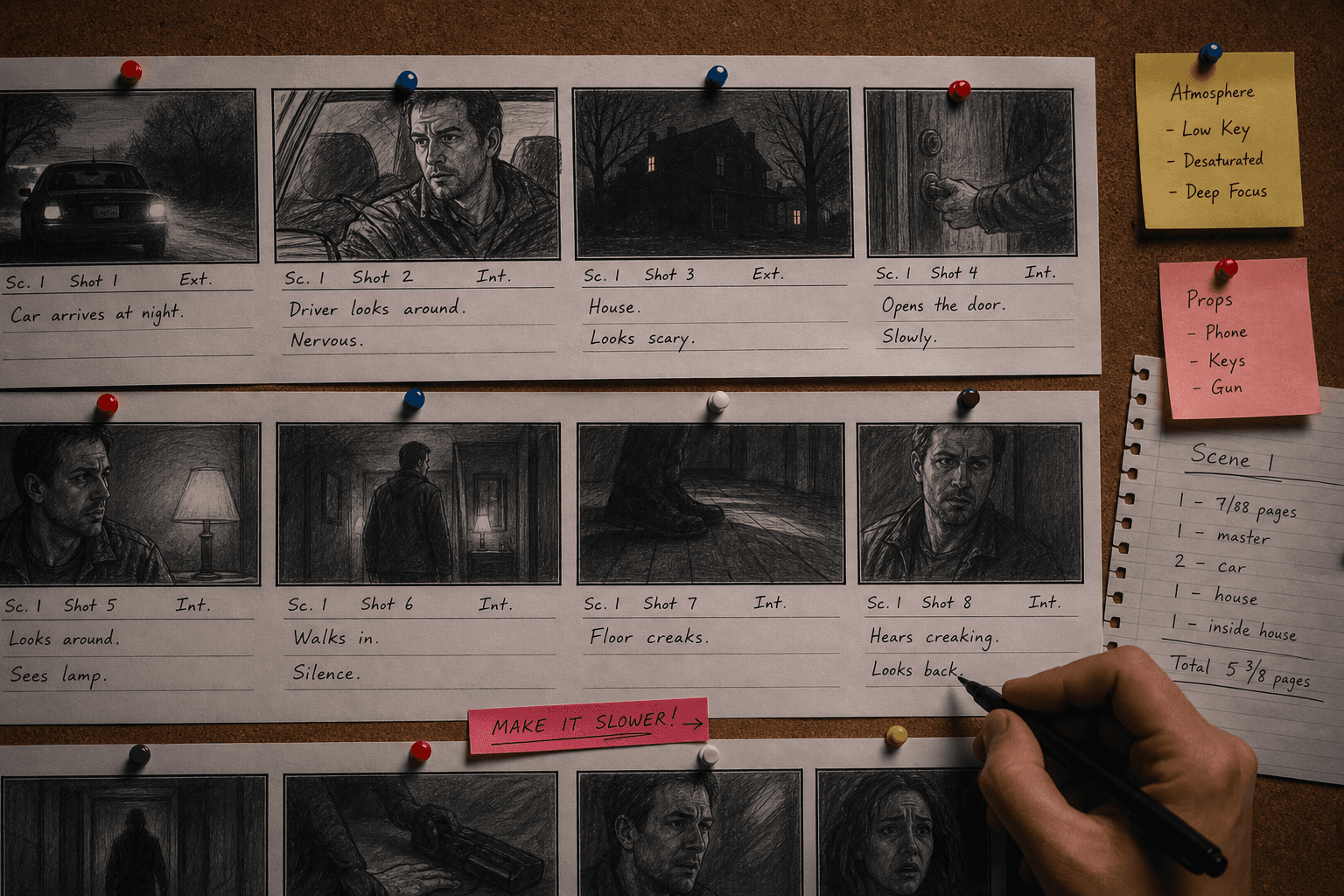 Storyboard pinned to a wall with annotations, photorealistic hand with a pen