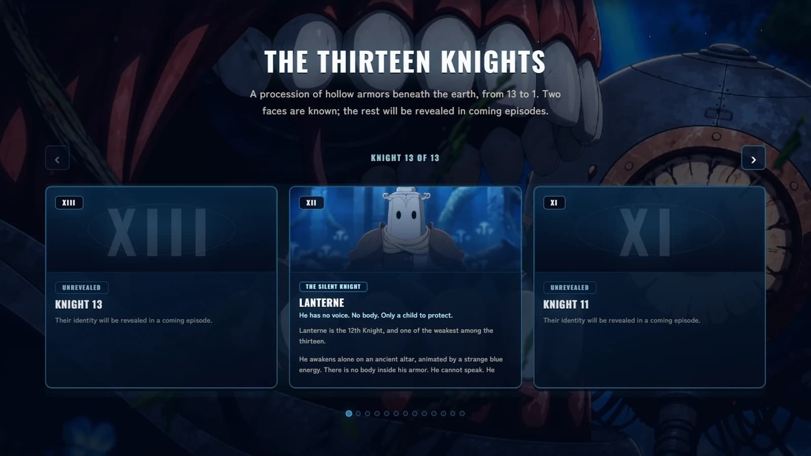 Section « The Thirteen Knights » du site officiel lostgarden.world, avec la fiche du chevalier XII Lanterne et les chevaliers non révélés autour