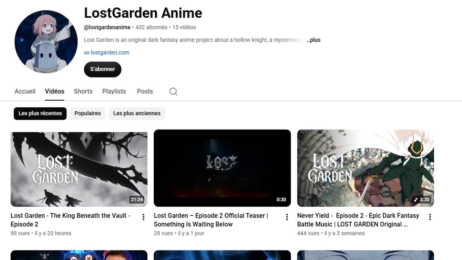 Onglet Vidéos de la chaîne YouTube LostGarden Anime avec l'épisode 2 The King Beneath the Vault, son teaser et les morceaux de la bande originale nommés d'après les lieux et personnages
