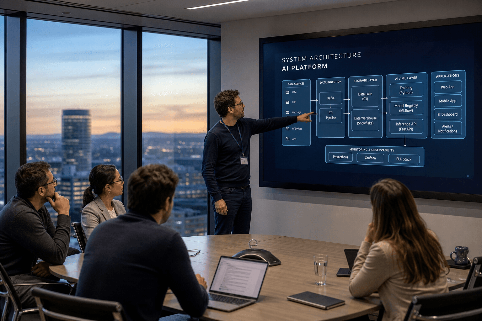 European company meeting room, system AI diagram slides, urban window at dusk photorealistic