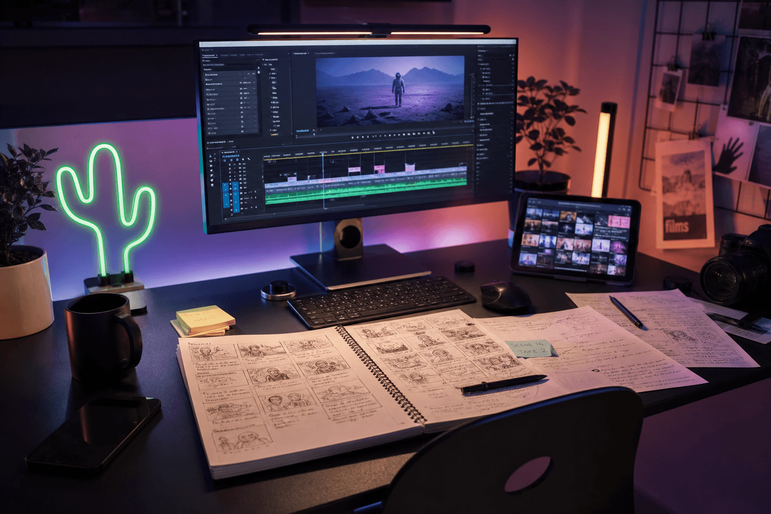 Hybrid creative workstation, video timeline and paper storyboard, soft neon lighting photorealistic