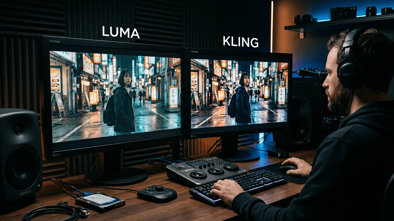 Timeline vidéo avec segments courts Luma et Kling assemblés plan par plan