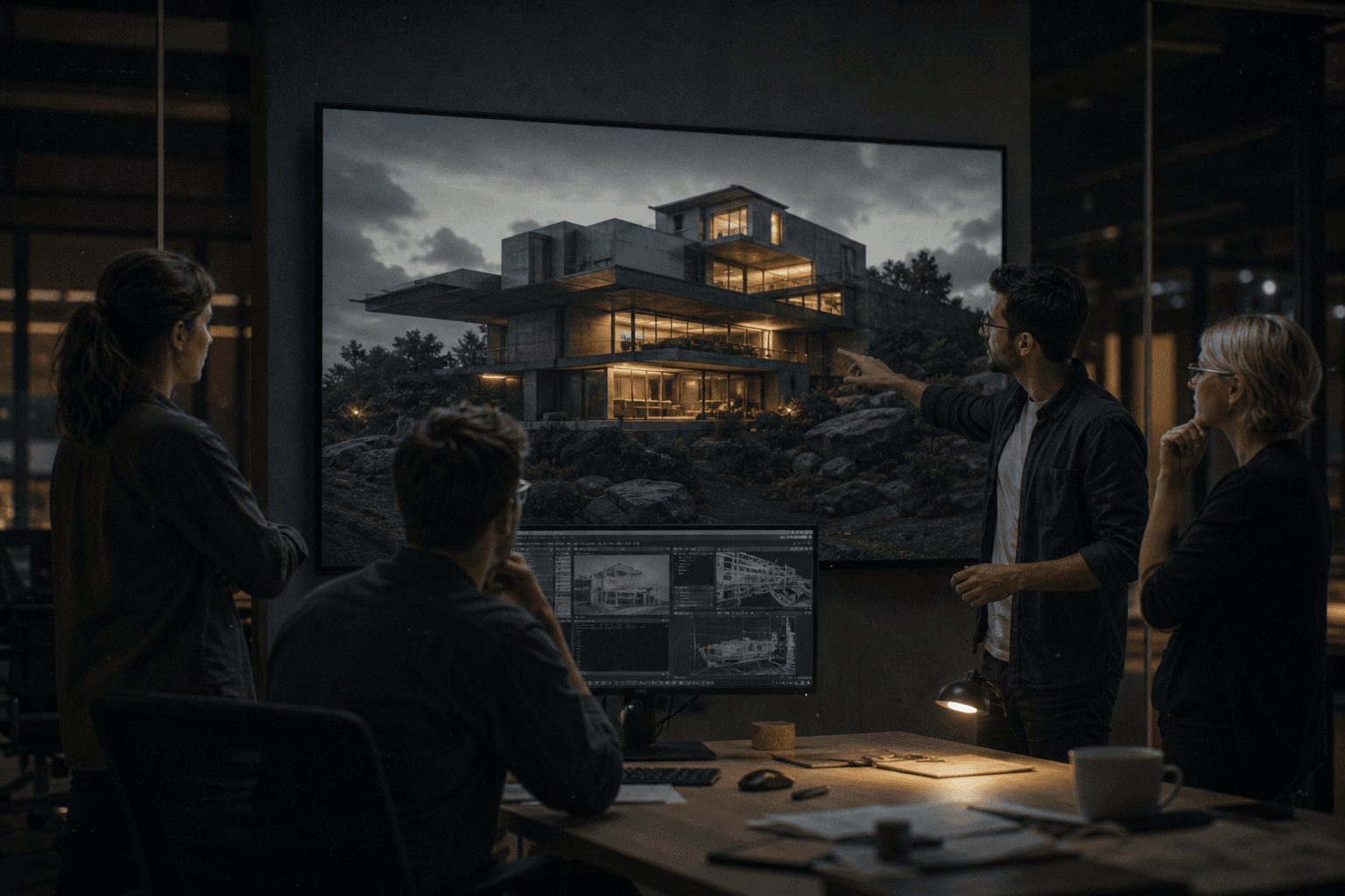 Équipe créative validant un rendu 3D amélioré avant livraison client