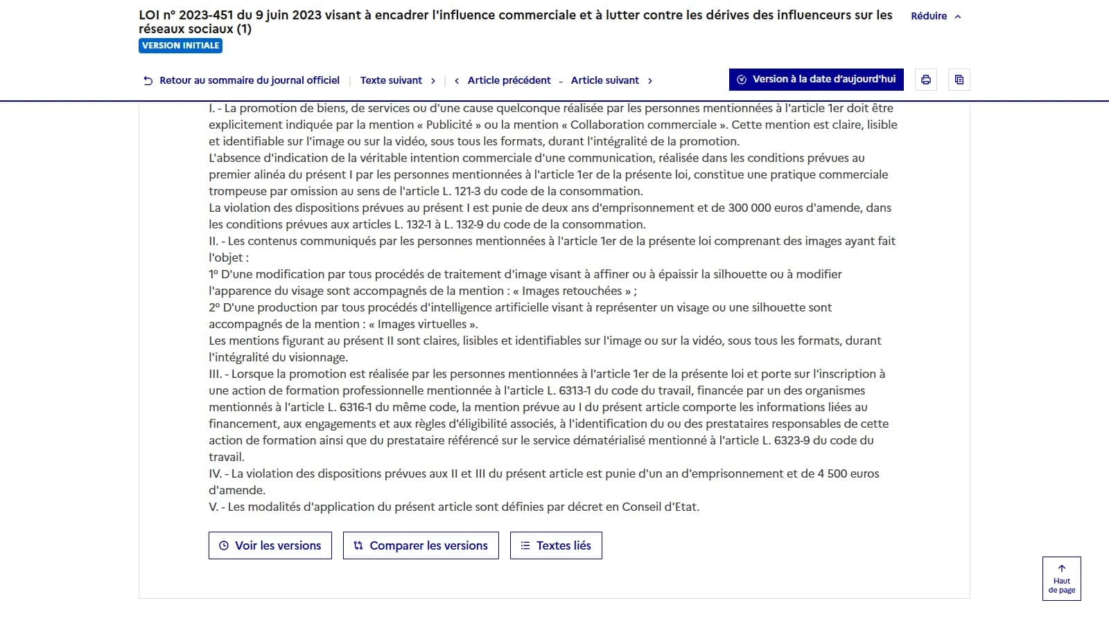 Texte de l'article 5 de la loi du 9 juin 2023 sur Légifrance, avec les mentions « Images retouchées » et « Images virtuelles » et la sanction d'un an d'emprisonnement et de 4 500 euros d'amende