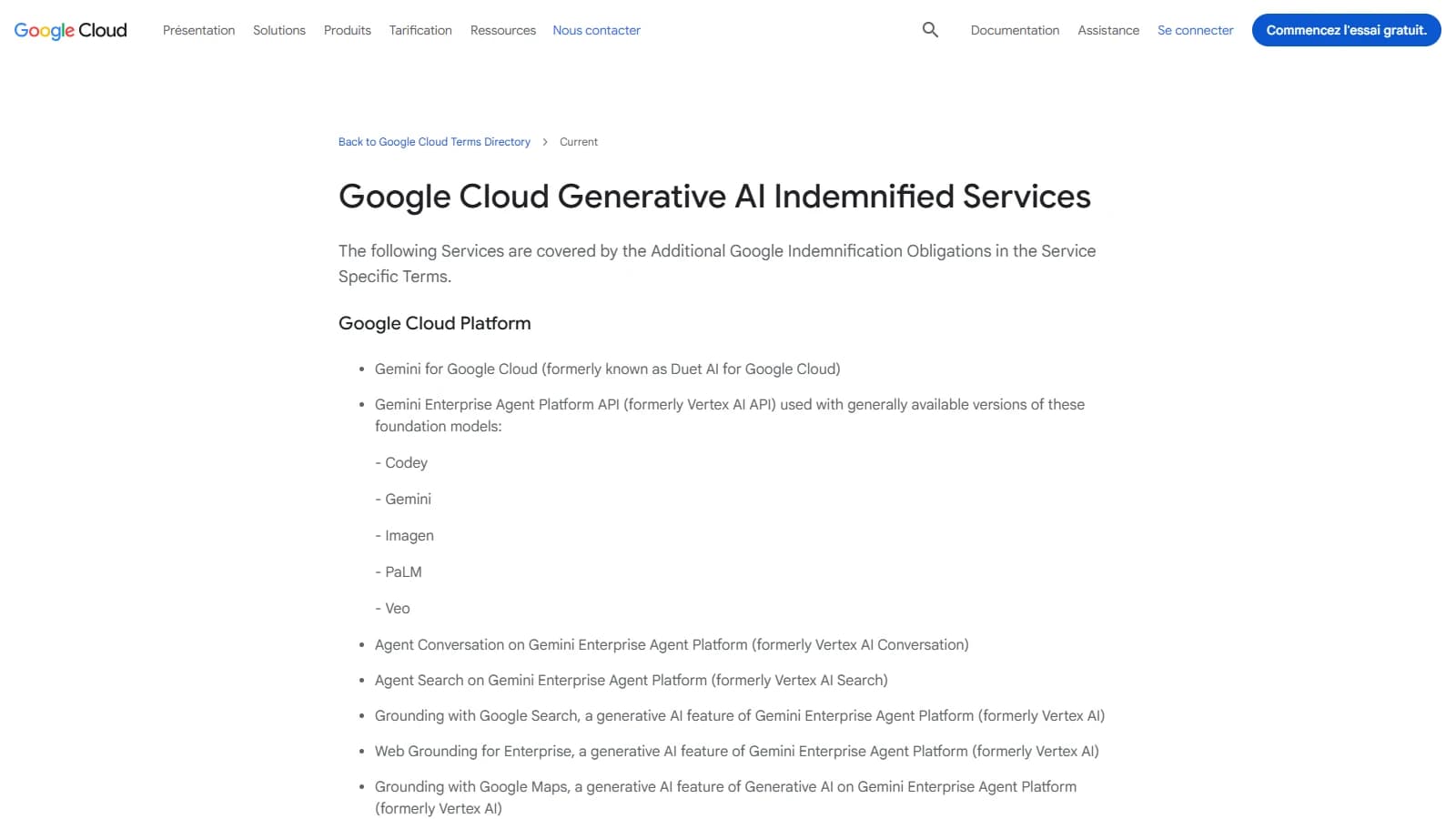 Page Google Cloud Generative AI Indemnified Services listant Imagen et Veo parmi les modèles couverts via la plateforme Gemini Enterprise Agent Platform, anciennement Vertex AI