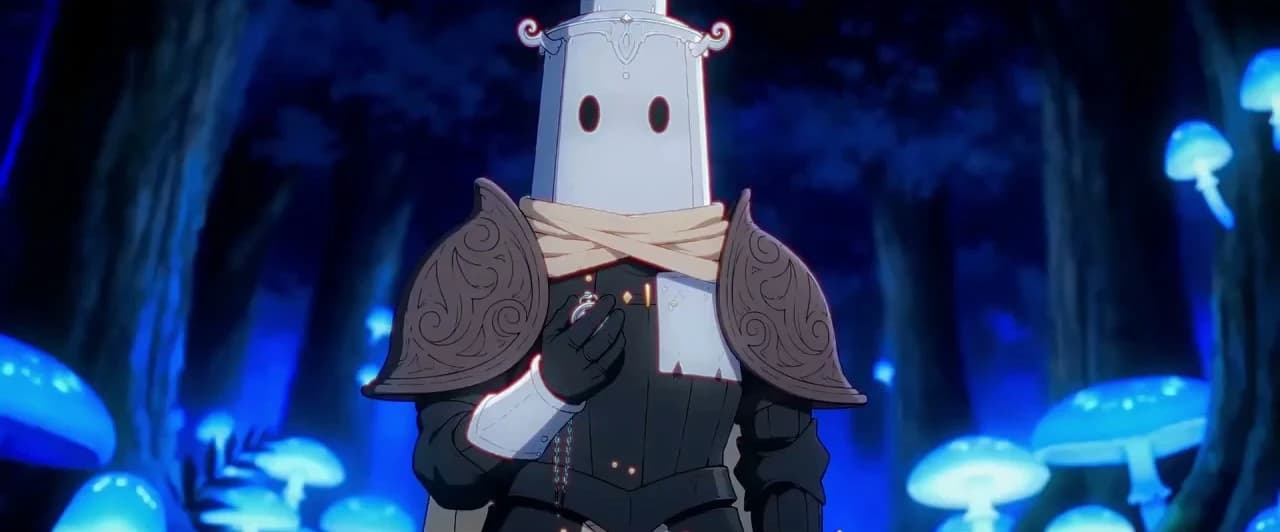 Lantern, the lantern-headed knight from Lost Garden, standing in an underground forest of glowing blue mushrooms, one gloved hand on his chest