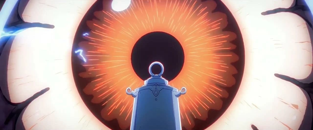 Close-up of a huge orange machine eye in Lost Garden, with the knight's lantern head in the foreground