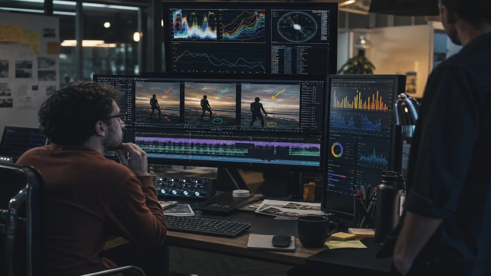 Dashboard analytics vidéo IA avec courbes rétention et annotations créatives