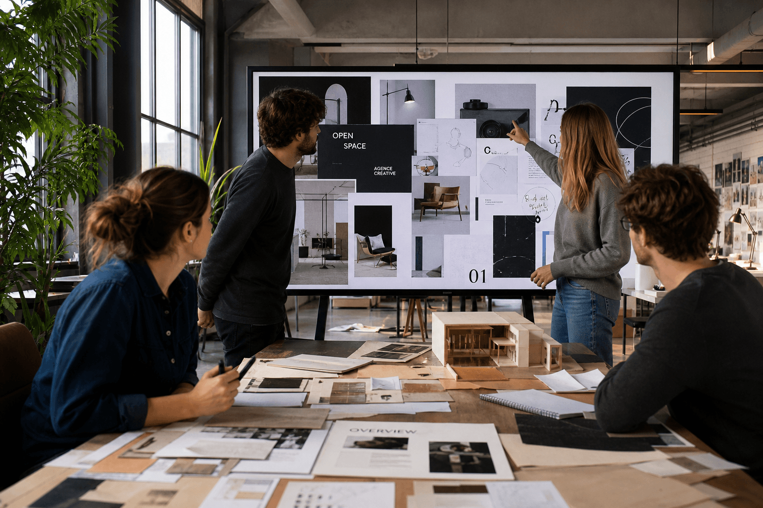 Creative agency open space, giant moodboard screen, paper mockups, photorealistic team collaboration