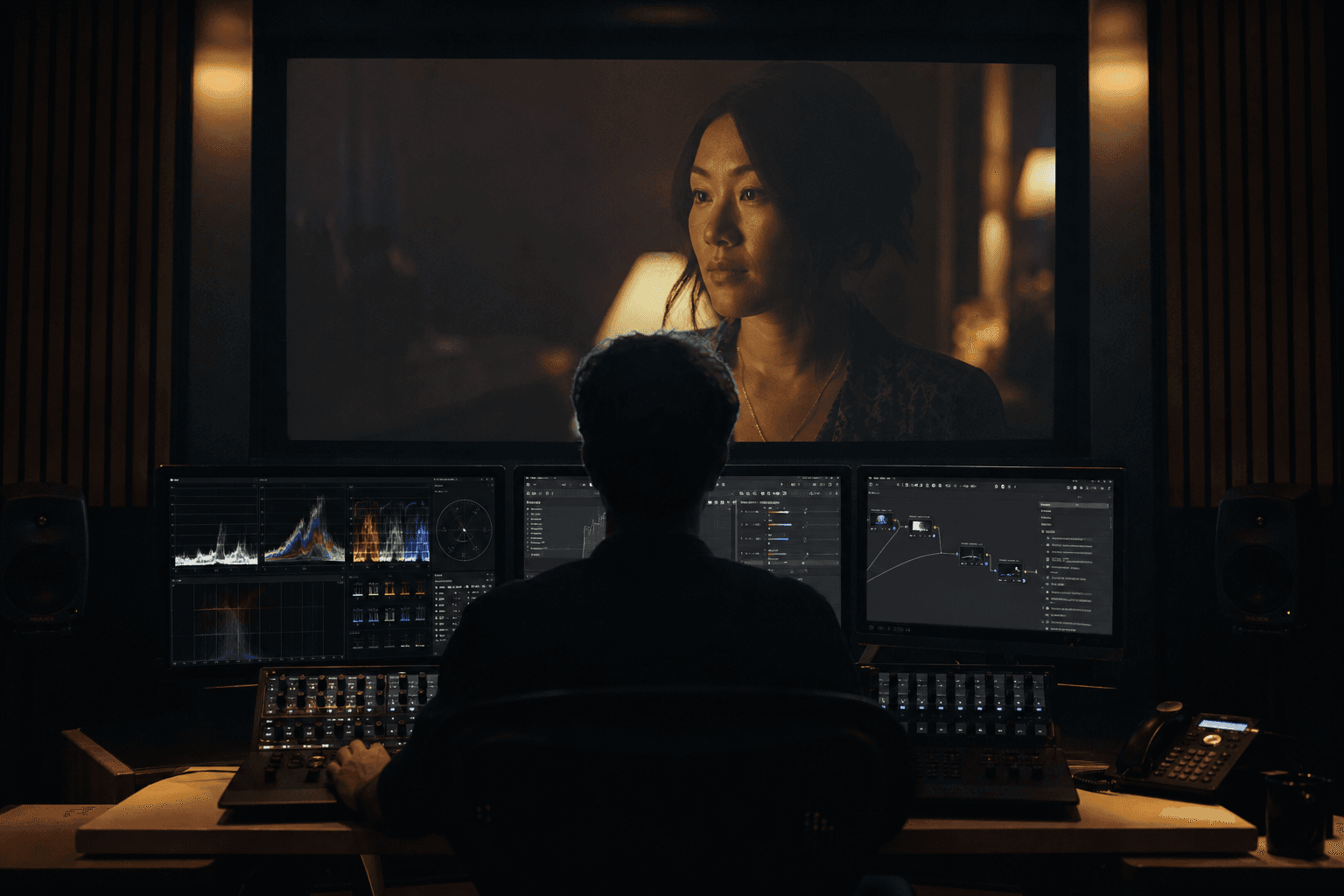 Dark grading room, video scopes, colorist silhouette adjusting curves, cinema atmosphere