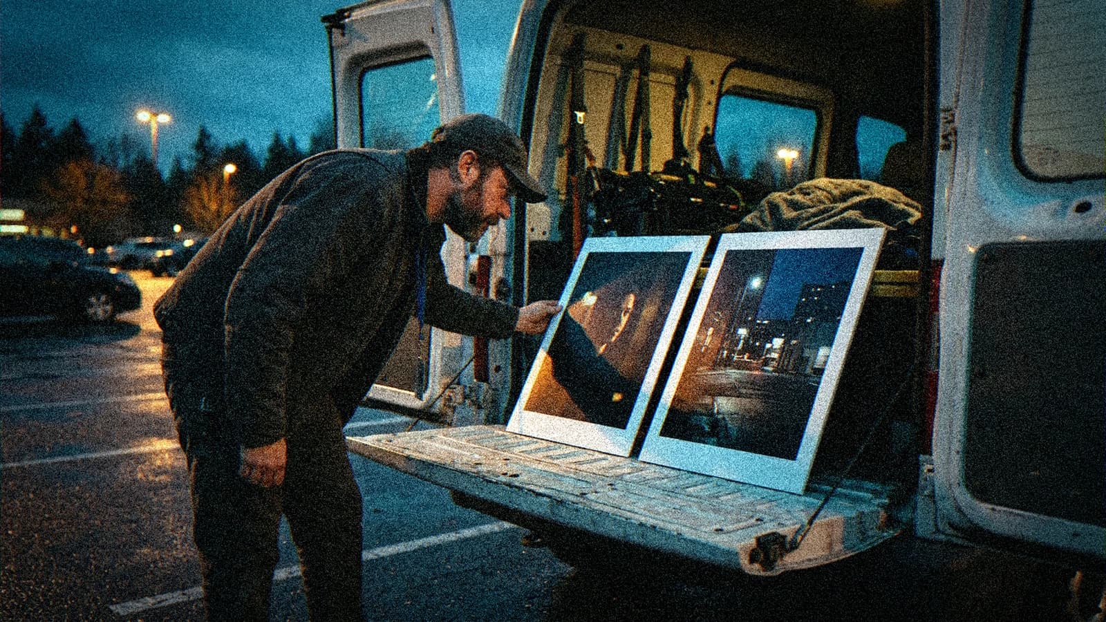Deux tirages photo posés côte à côte sur le hayon d'un utilitaire dans un parking au crépuscule, comparaison de rendus sous éclairage mixte
