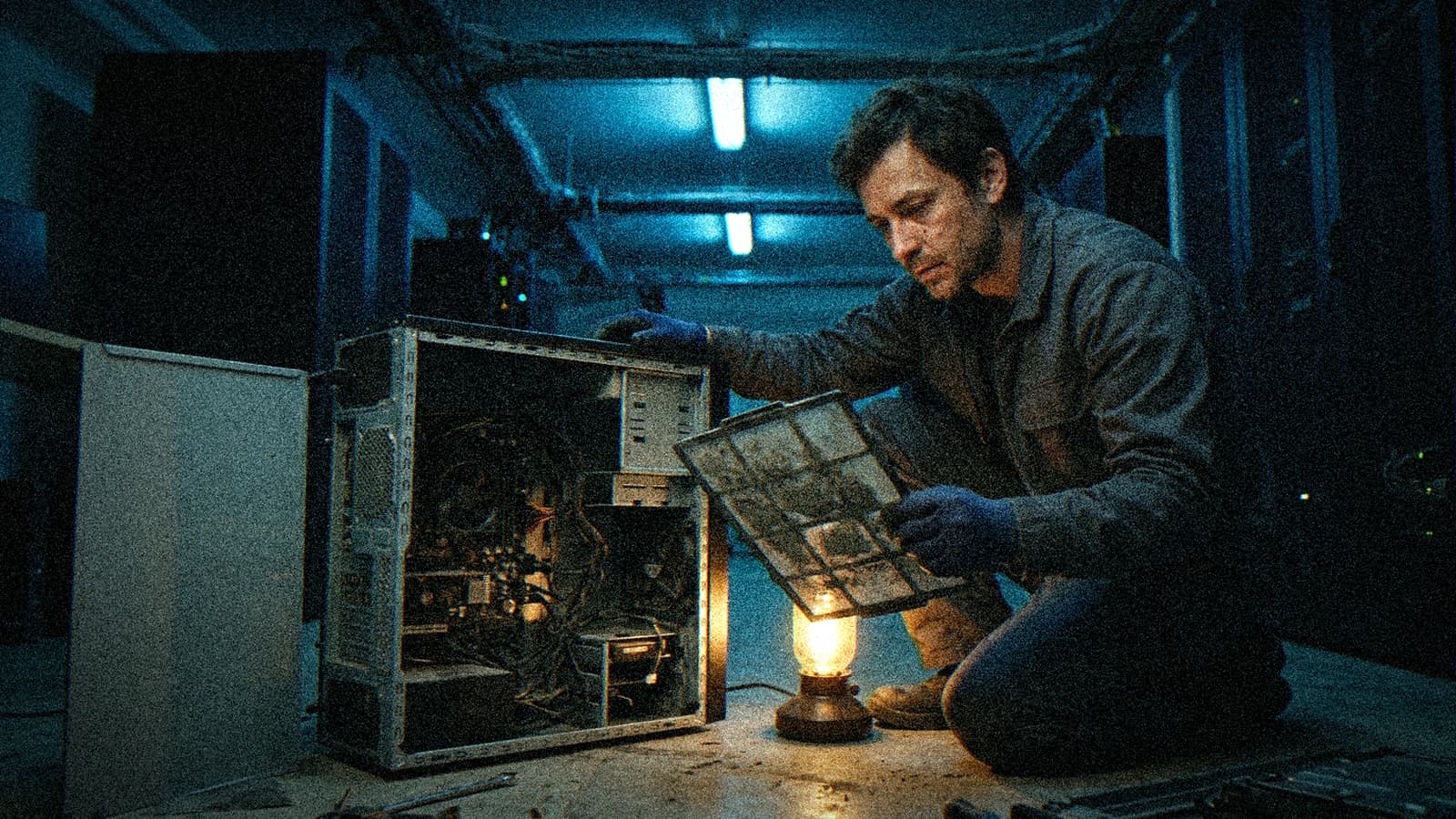 Salle machine d'une petite société de post-production, technicien accroupi devant une station de travail ouverte, filtre à poussière en main, éclairage bleu froid