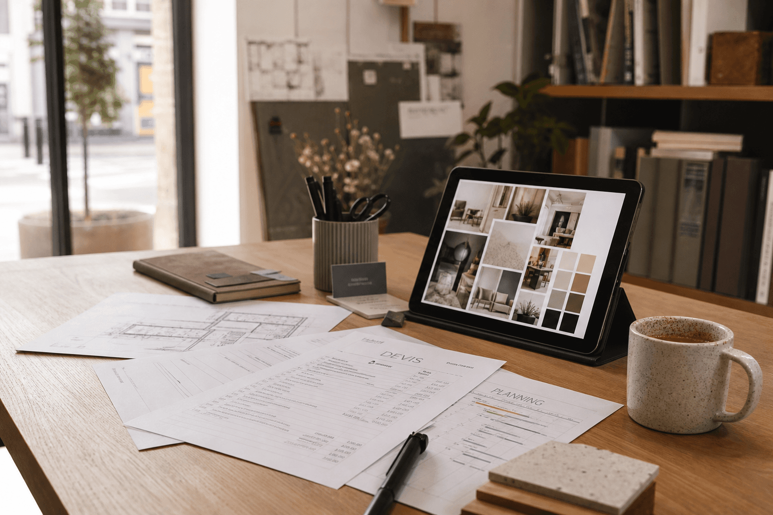 Devis et planning sur bureau, tasse café, tablette avec moodboard, ambiance agence boutique photoréaliste