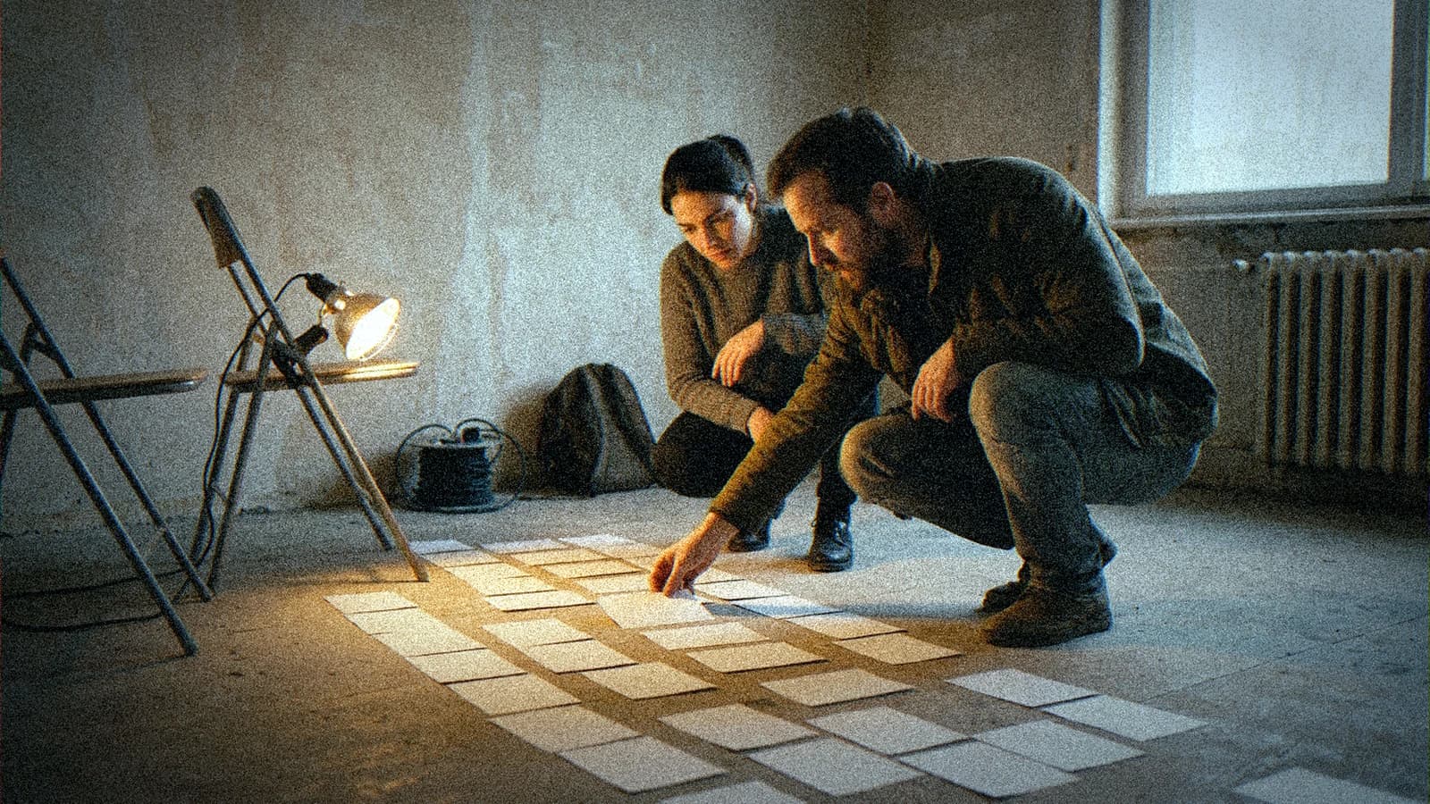 Monteur et réalisateur accroupis au sol autour de fiches de séquences étalées en colonnes