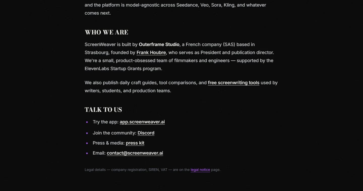 Page À propos de ScreenWeaver précisant que le produit est édité par Outerframe Studio, société SAS basée à Strasbourg