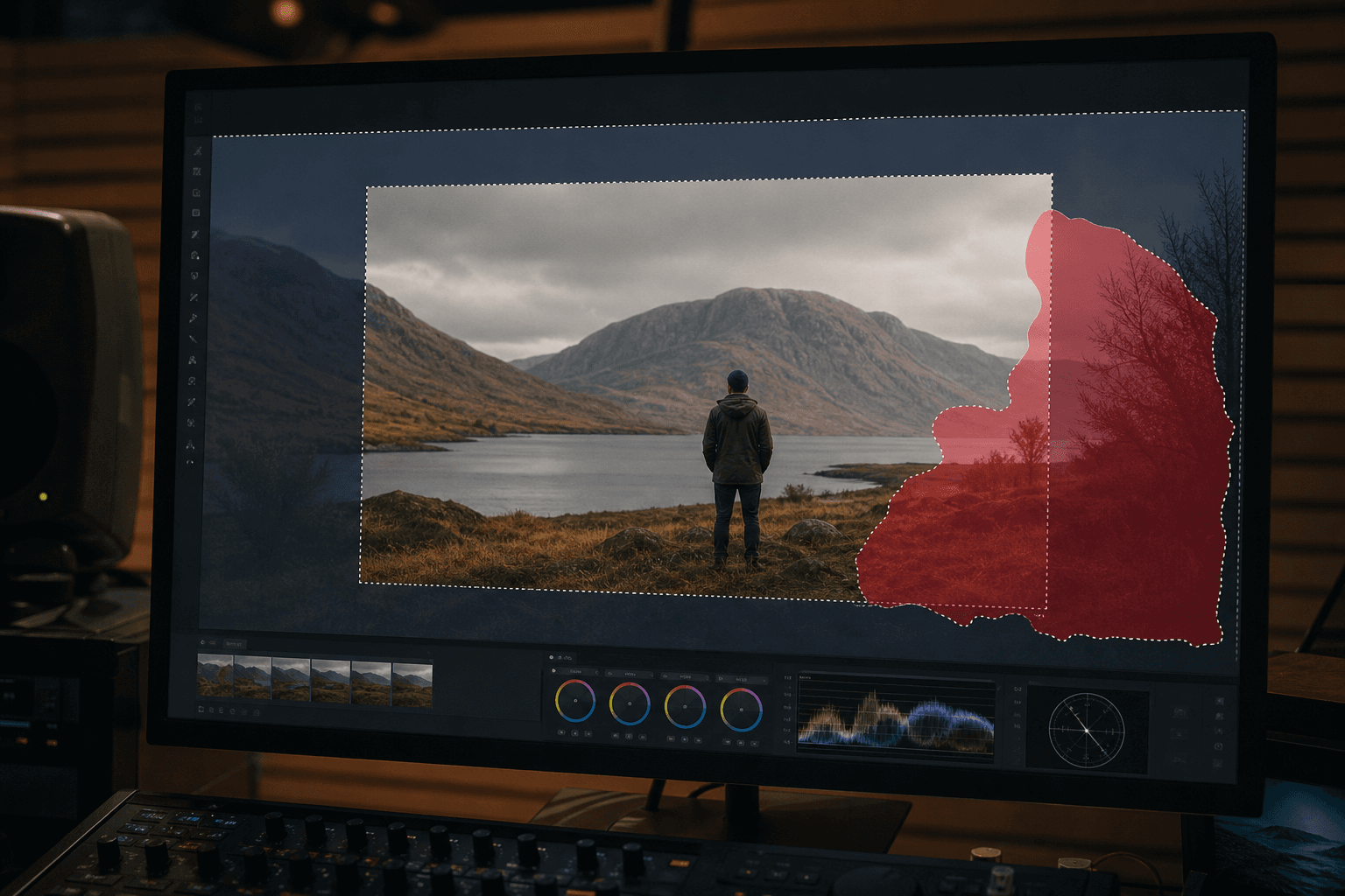 Interface Photoshop avec zone d’extension Firefly et contrôles de masque actifs