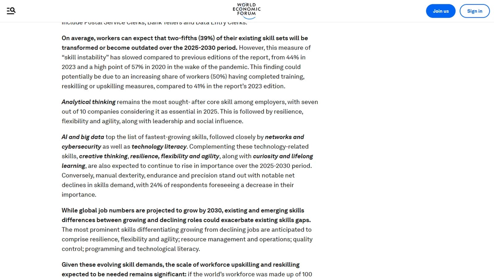 Extrait du Future of Jobs Report 2025 du World Economic Forum indiquant que 39 % des compétences seront transformées d'ici 2030 et que la pensée créative continue de monter