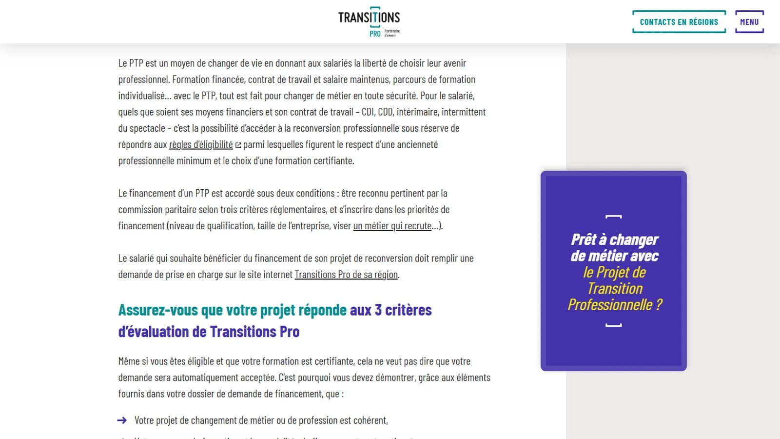 Page Transitions Pro décrivant le projet de transition professionnelle, avec formation financée, salaire maintenu et conditions d'éligibilité