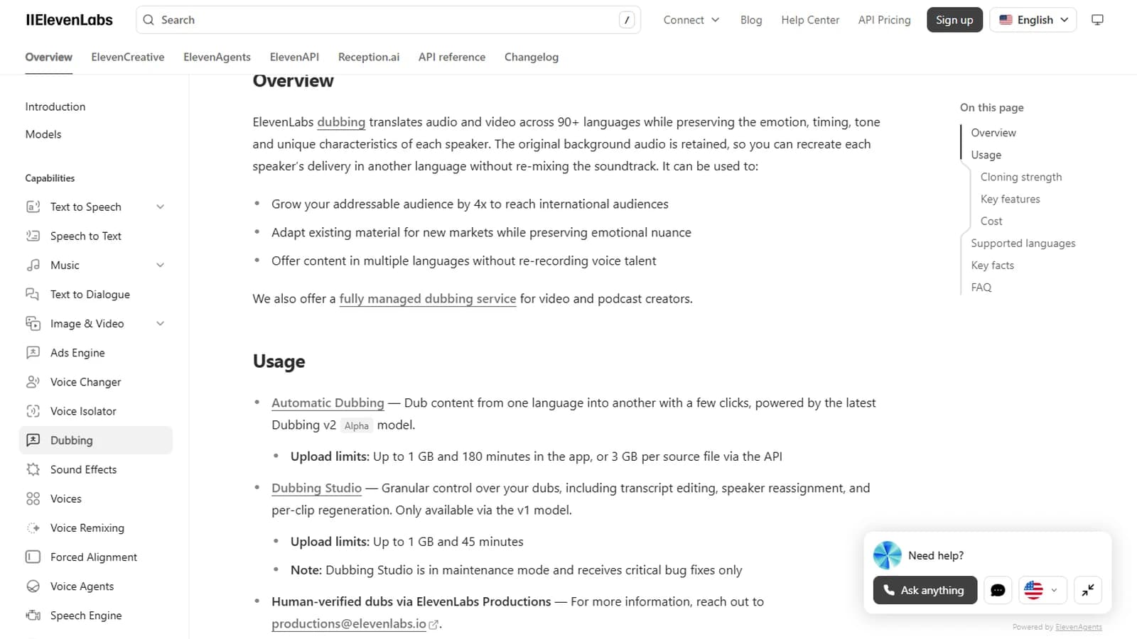 Official ElevenLabs documentation on video dubbing: translation into more than 90 languages while keeping each speaker's tone, with upload limits of 180 minutes in the app or 45 minutes in Dubbing Studio