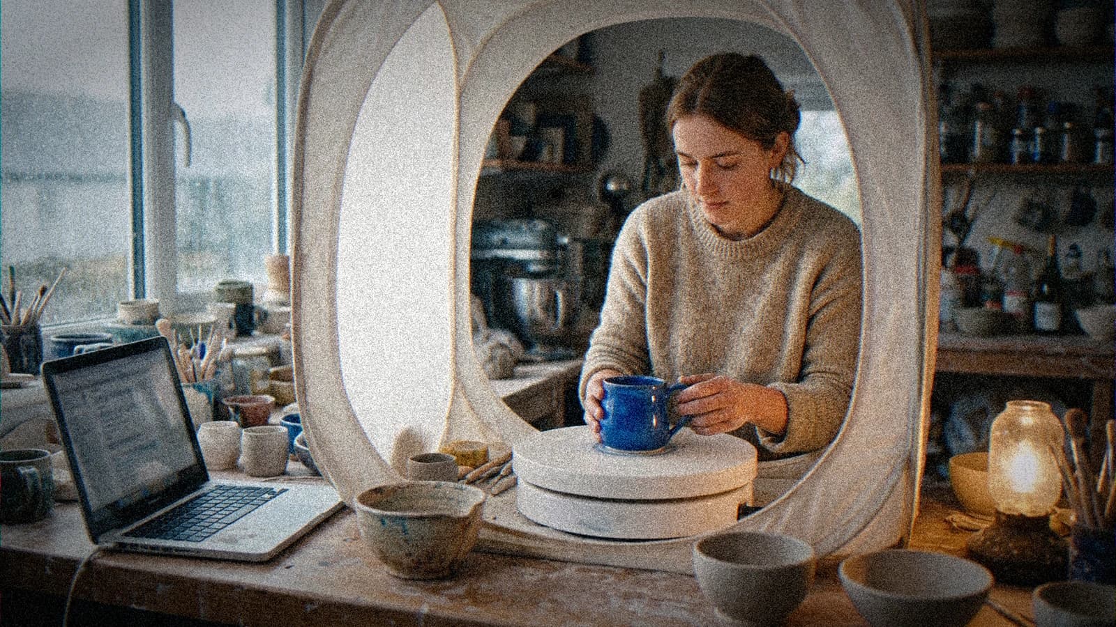 Young ceramicist placing a blue glazed mug on a white turntable inside a light tent, laptop and unglazed bowls on the workbench of a pottery studio on a rainy morning