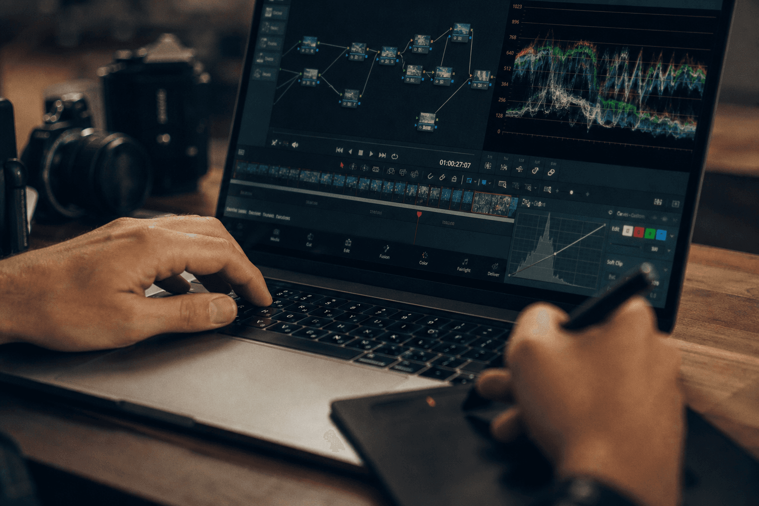 Plan serré mains sur clavier et stylet, écran montrant graphe de nœuds et waveform, grain cinéma