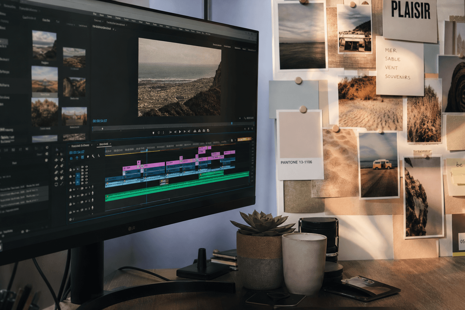 Split screen: editing timeline and printed moodboard pinned, side light creative office
