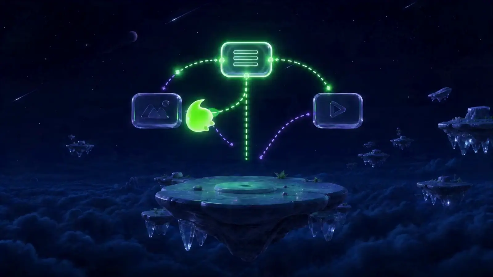 Animation du canvas Imaginode montrant un node texte connecté à un node image et un node vidéo
