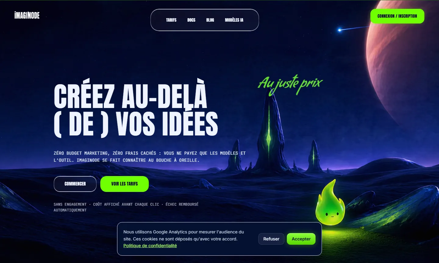 Page d'accueil d'imaginode.ai, le canvas créatif IA à nodes de Frank Houbre