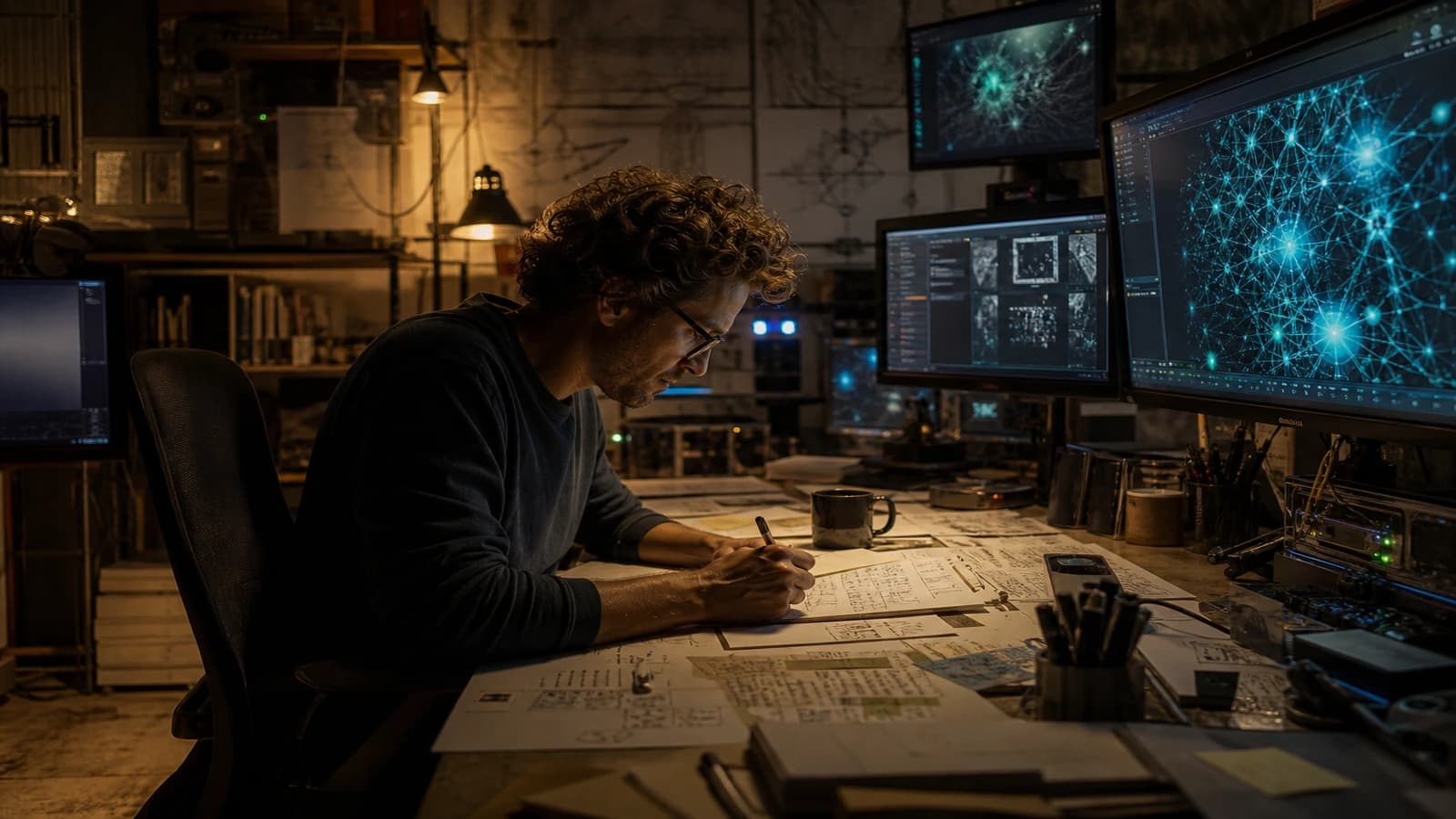 Storyboard numéroté et fiches plans alignées sur timeline de montage vidéo IA