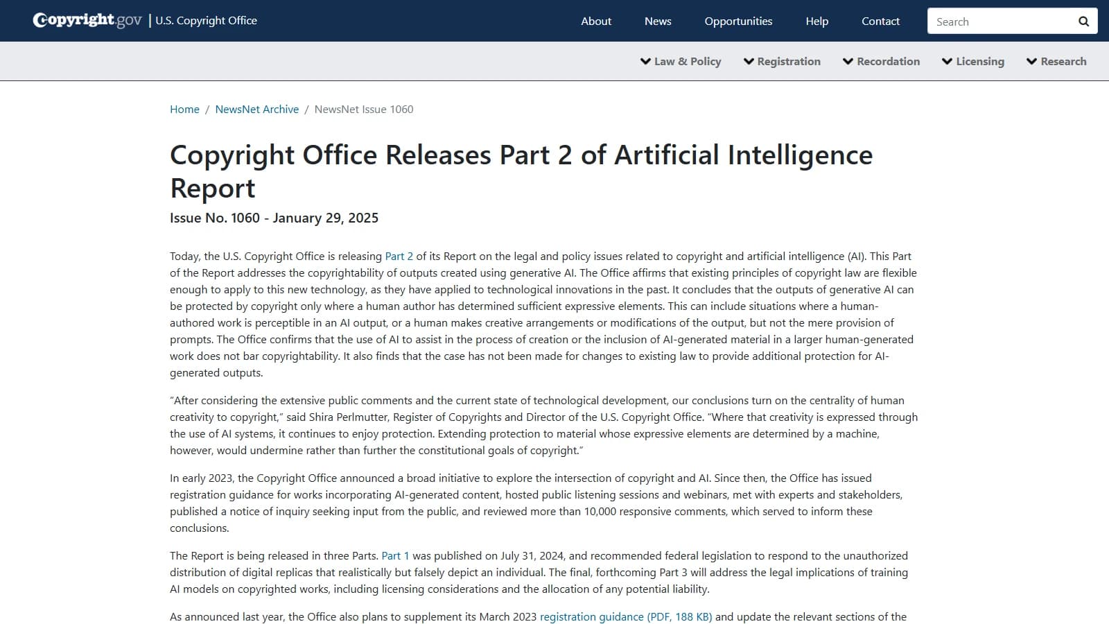 Official US Copyright Office announcement on part 2 of its AI report, with the line ruling out the mere provision of prompts