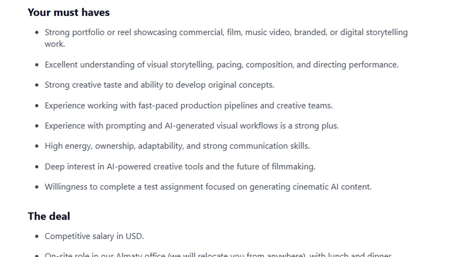 Screenshot of the Higgsfield AI Film / Commercial Director job ad, list of must-have skills