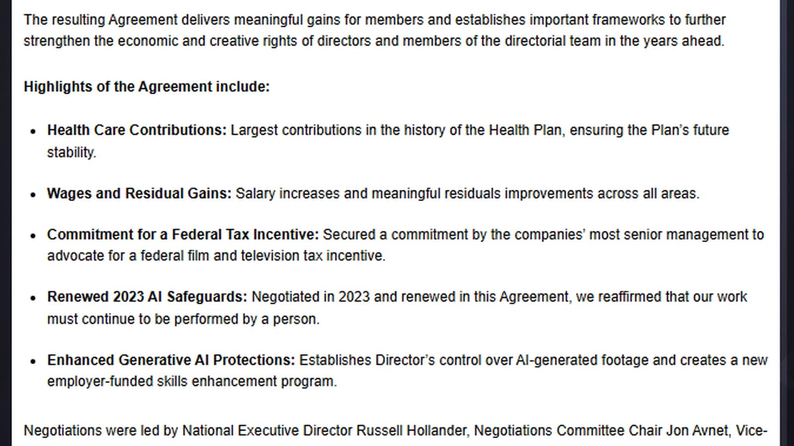 Screenshot of the DGA press release dated June 12, 2026, listing the renewed AI safeguards and the director's control over AI-generated footage