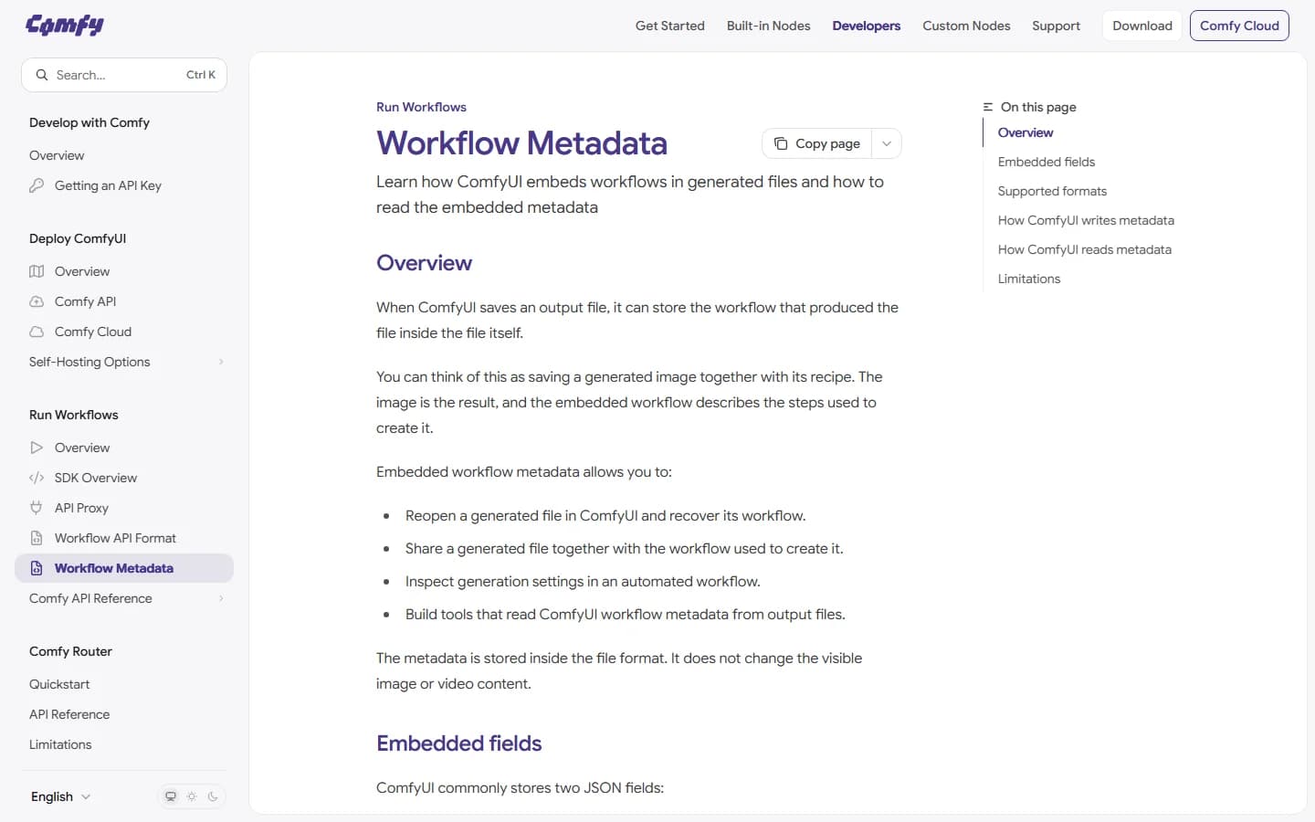 Capture de la documentation ComfyUI expliquant les métadonnées de workflow embarquées dans les fichiers générés