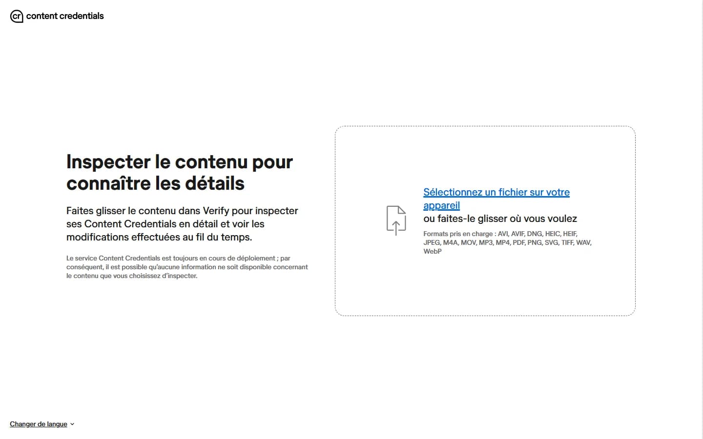 Capture de l'outil Content Credentials Verify permettant d'inspecter les métadonnées de provenance C2PA d'une image