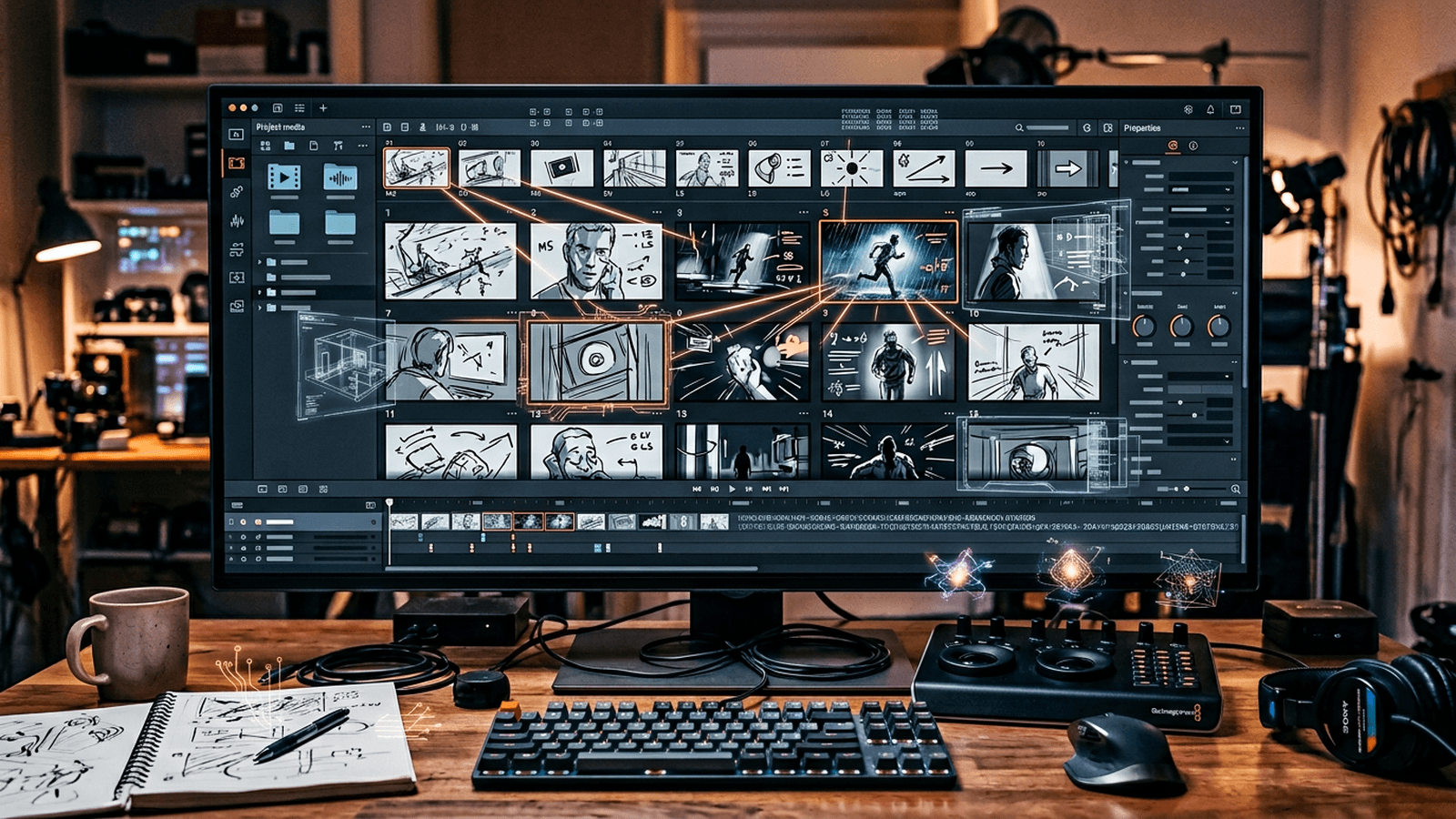 Small post-production space, late-night work on a film, physical references on the desk, screen in the background, human atmosphere.