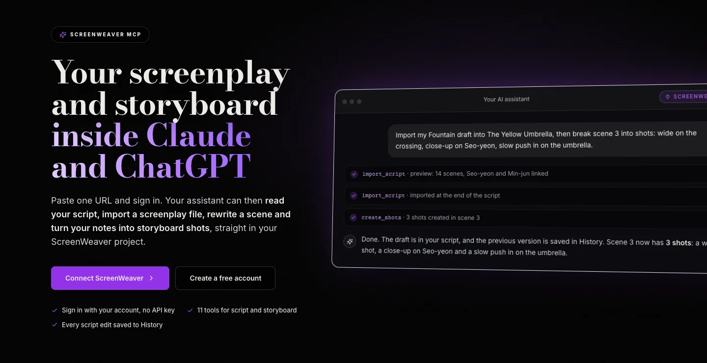 The ScreenWeaver MCP page: headline "Your screenplay and storyboard inside Claude and ChatGPT" and a sample conversation using the import_script and create_shots tools