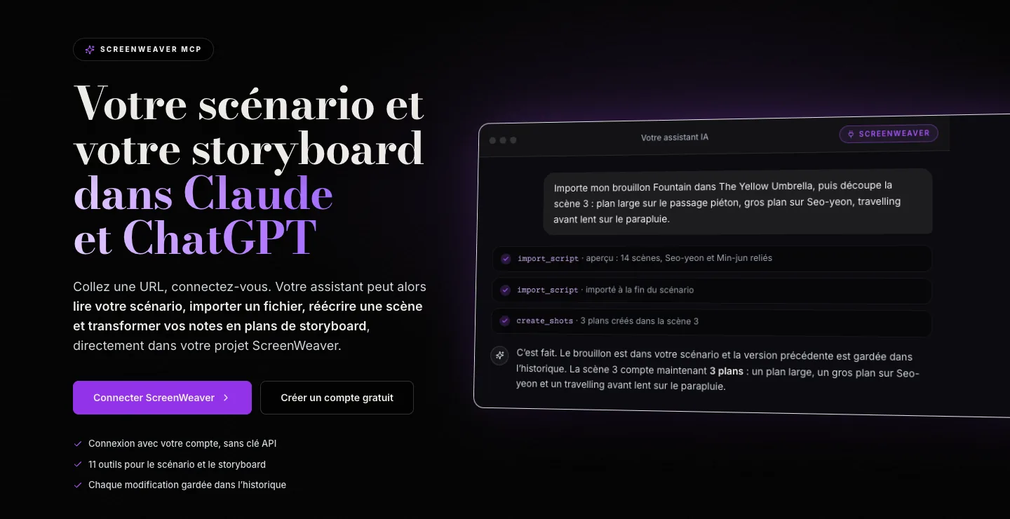 Page du MCP ScreenWeaver en français : titre « Votre scénario et votre storyboard dans Claude et ChatGPT » et exemple de conversation avec les outils import_script et create_shots