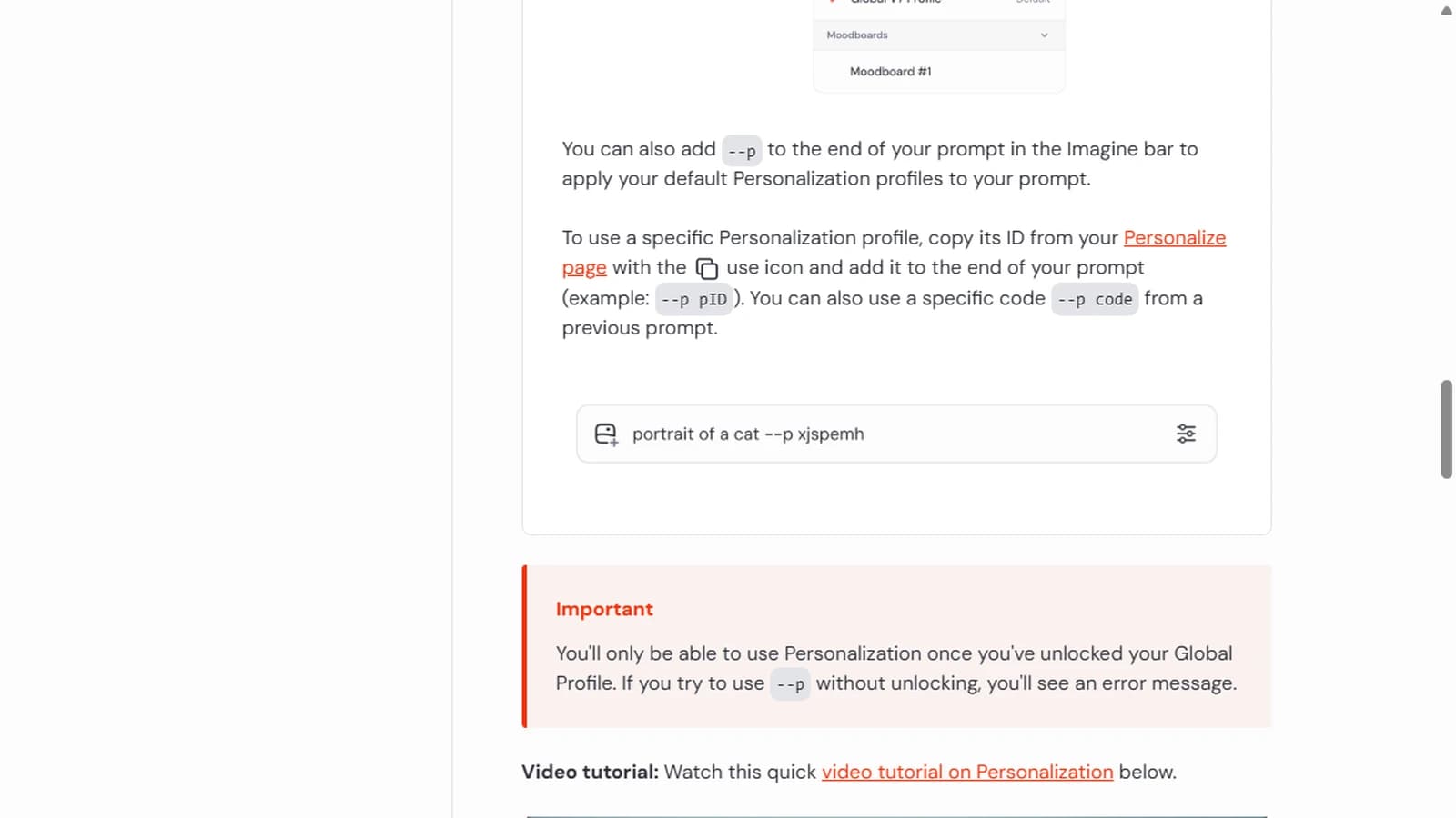 Documentation officielle Midjourney montrant le paramètre de personnalisation --p et le profil global dans la barre Imagine