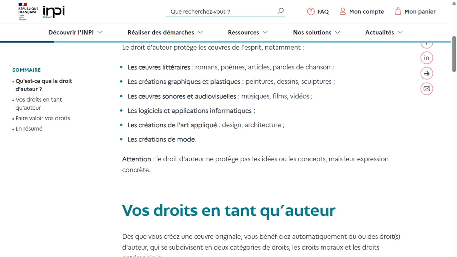 Page de l'INPI sur le droit d'auteur précisant que les idées et les concepts ne sont pas protégés, seule leur expression concrète l'est