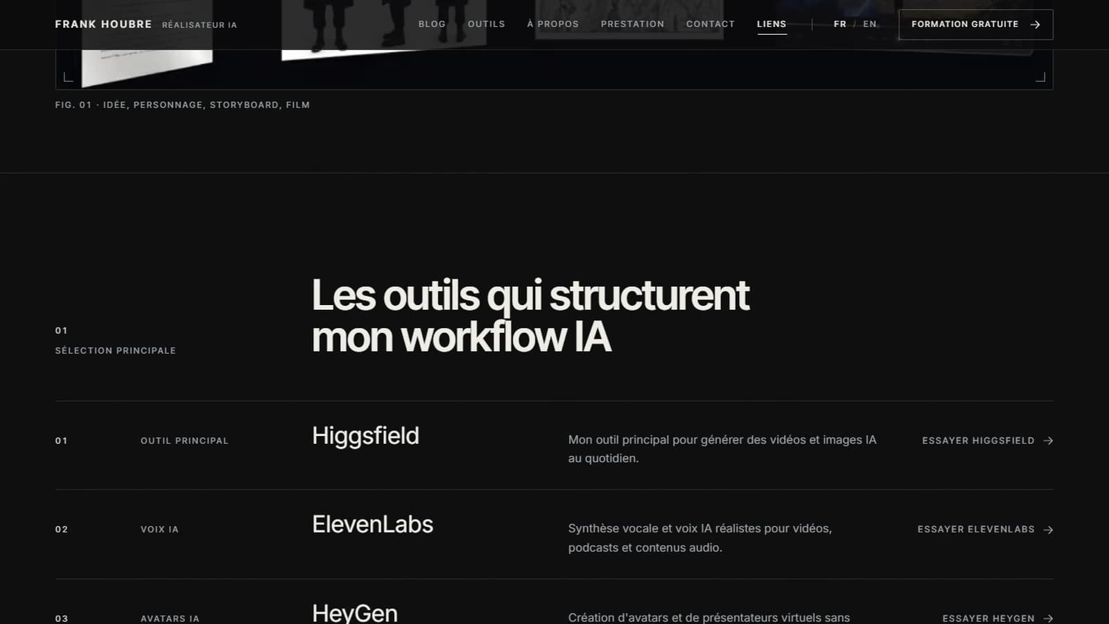 Page Liens de frankhoubre.com, section « Les outils qui structurent mon workflow IA » : Higgsfield en outil principal, ElevenLabs pour la voix IA, HeyGen pour les avatars