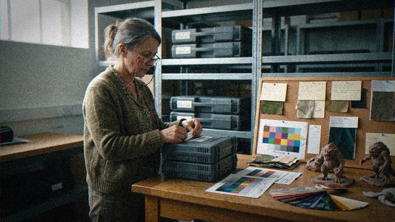 An archivist labeling hard drives next to a table of physical references, the input archive of an AI film studio