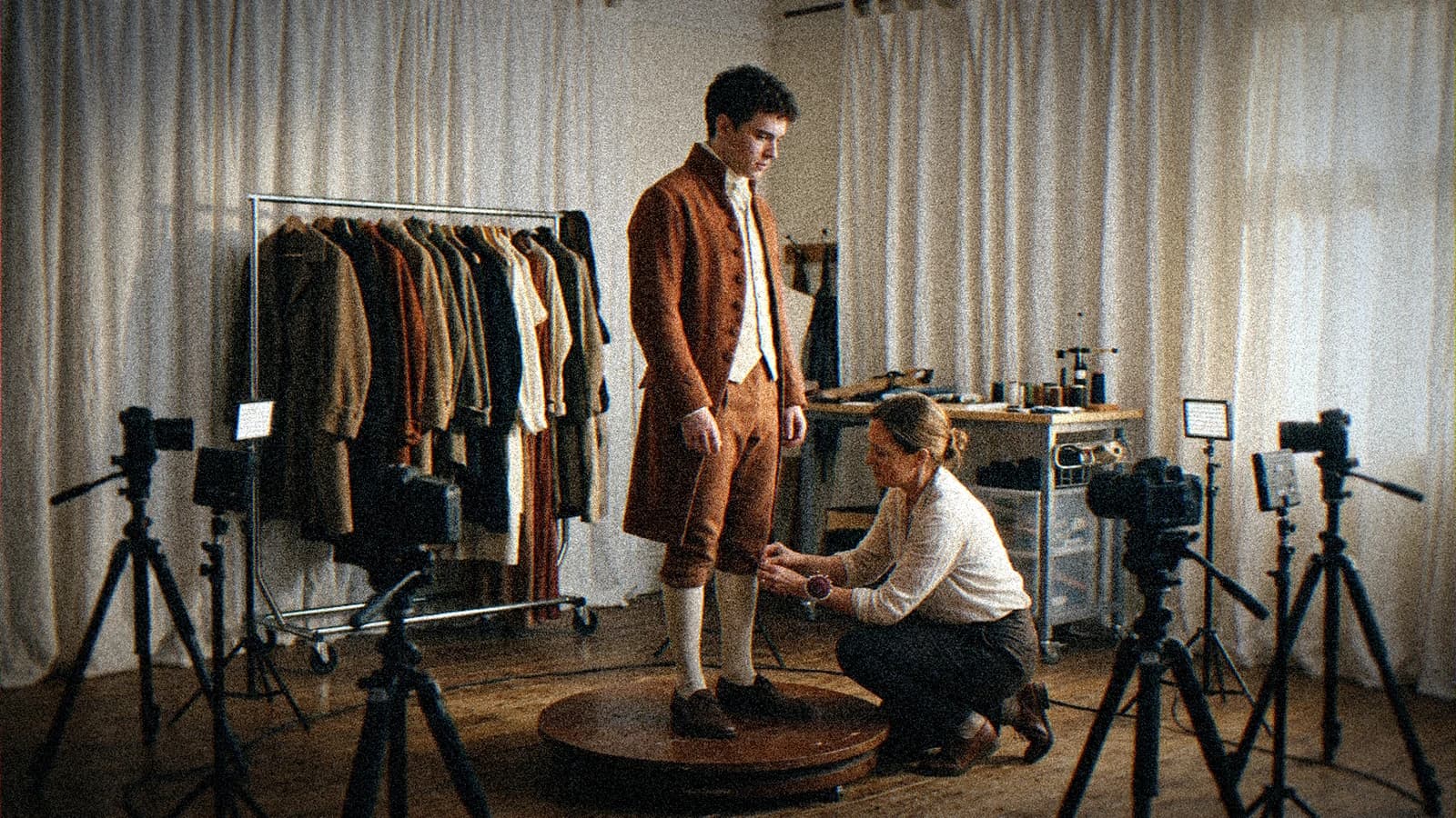A costume maker fitting a period costume on an actor standing on a turntable, surrounded by cameras for reference capture