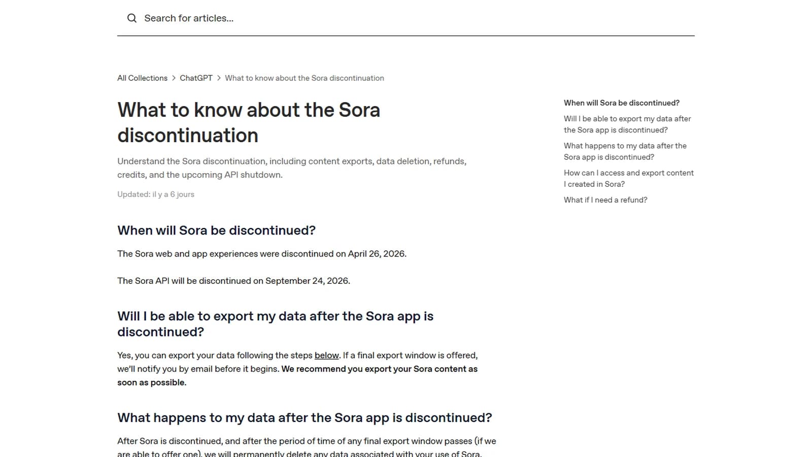Page d'aide officielle d'OpenAI annonçant l'arrêt de Sora, avec les dates du 26 avril et du 24 septembre 2026