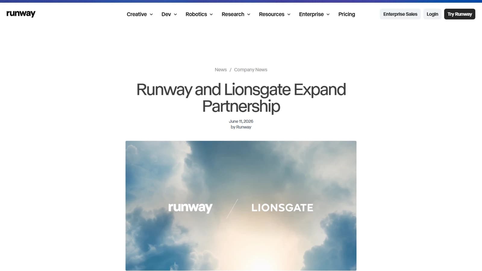 Annonce officielle de Runway datée du 11 juin 2026 sur l'élargissement du partenariat avec Lionsgate