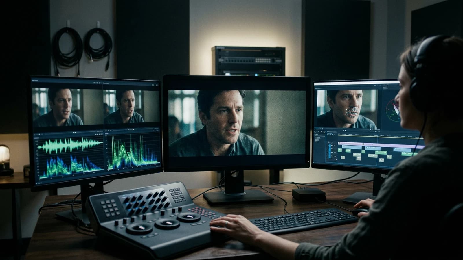 Validation finale de synchronisation labiale IA sur timeline avec contrôles multi-écrans